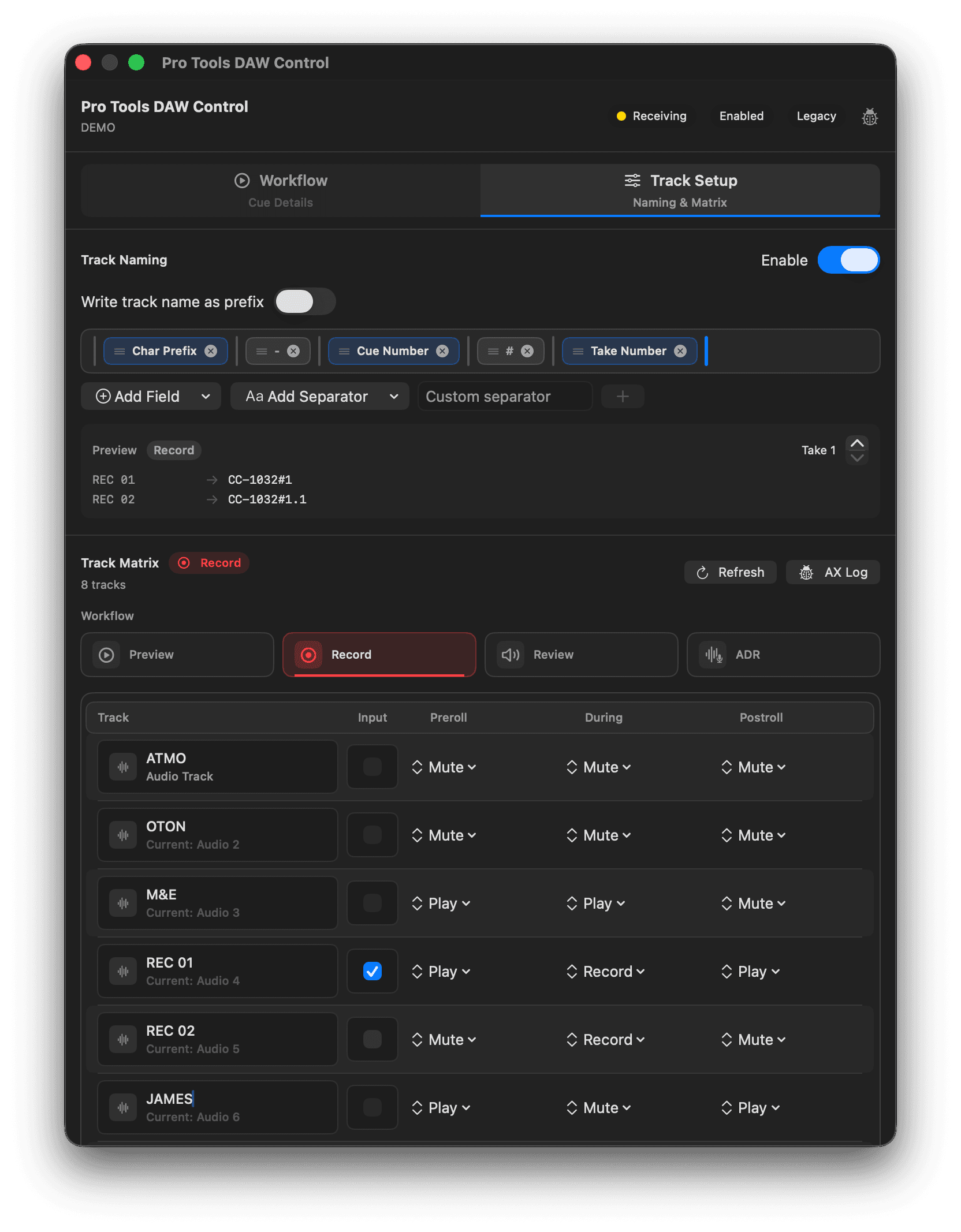 CueForge Pro Tools DAW Control window with track naming and track matrix.