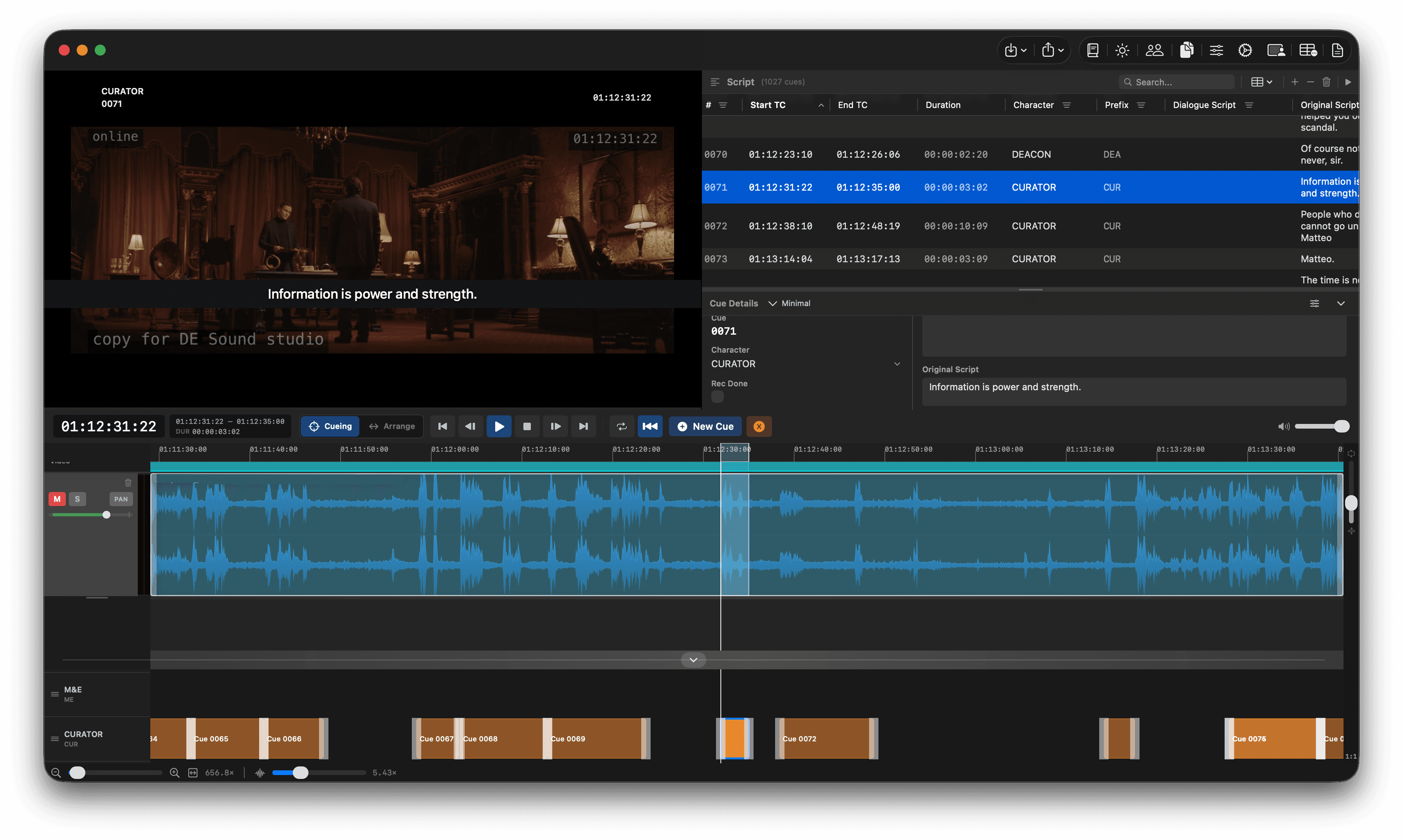 CueForge main window with video, timeline, waveform, cue lanes and script details.