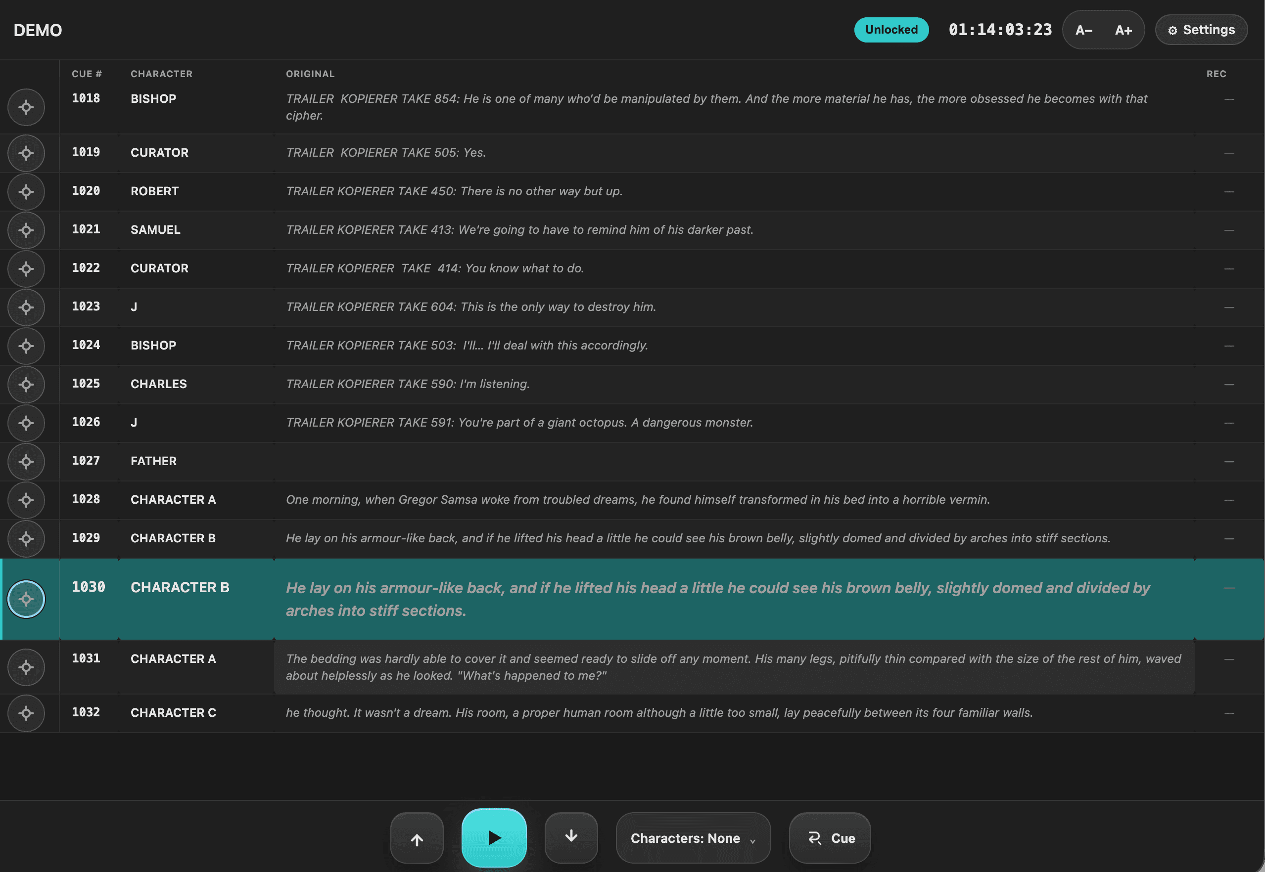 CueForge Script Reader shown in a browser layout.