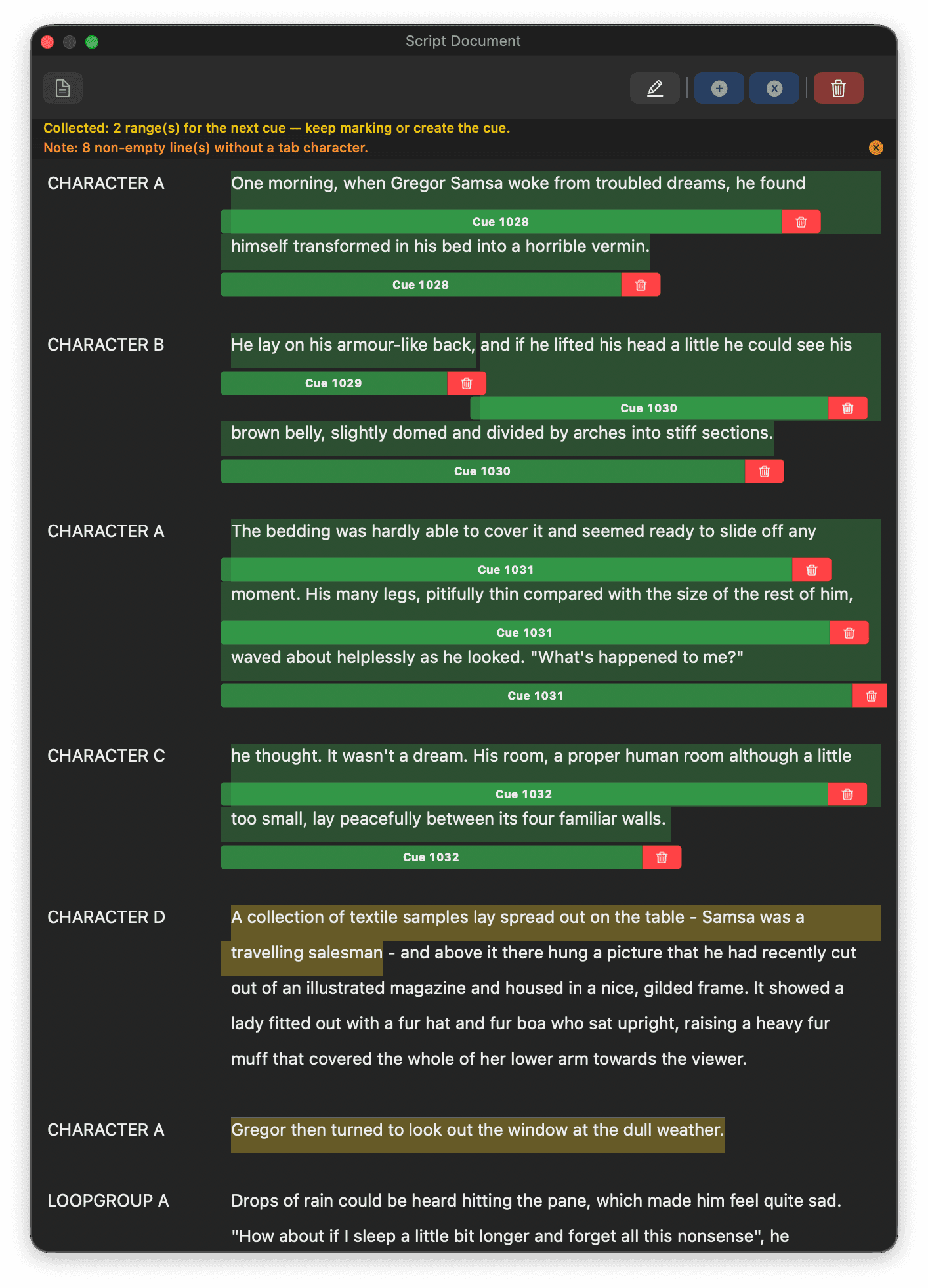 CueForge script view with highlighted dialogue and cue ranges.
