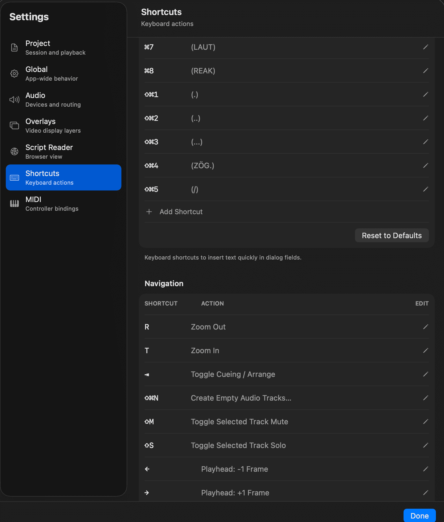 CueForge settings with shortcut and workflow customization.